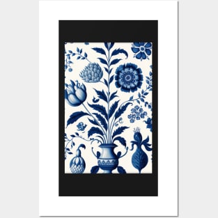 Floral Garden Botanical Print with Delft Blue and White Posters and Art